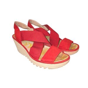 Fly London Yaji Women's Sz EU 38/US 7.5-8 Red Suede Stretch Strap Heeled Sandals